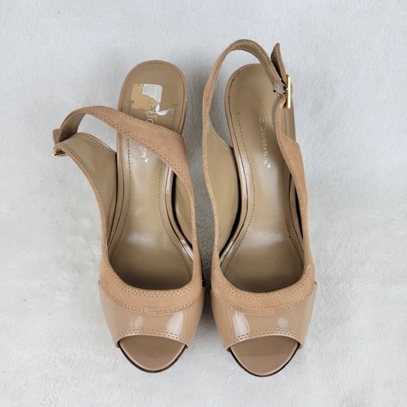 BCBGeneration Tan Slingback Heels with Peep-Toe Design - Picture 2 of 8